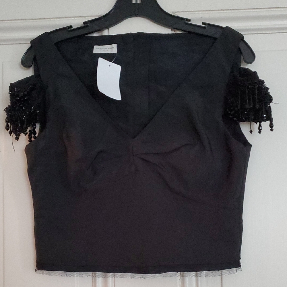 Nwt Dries Van Noten Elegant Black Cropped Beaded Sleeve Women's Top